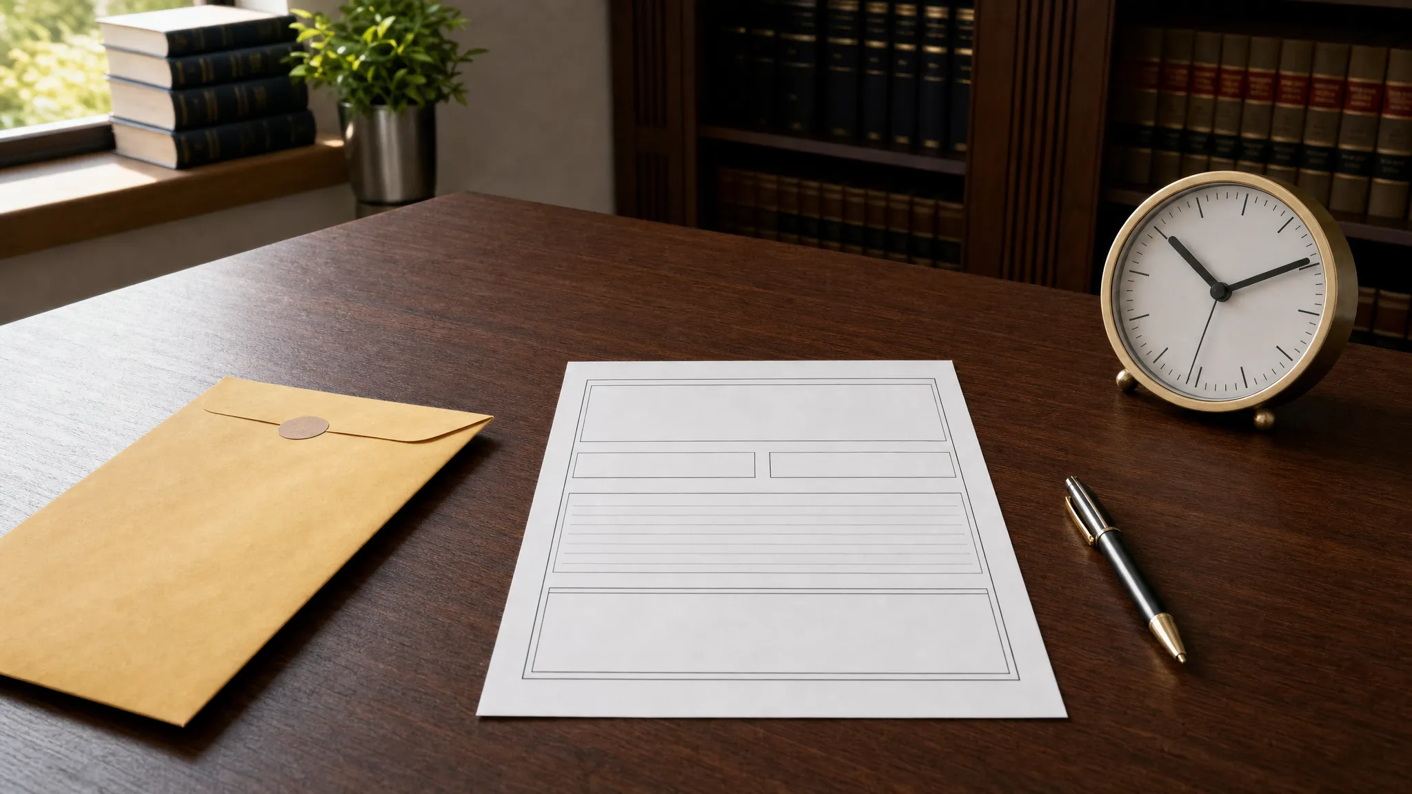 Service return form, document envelope, pen, and clock