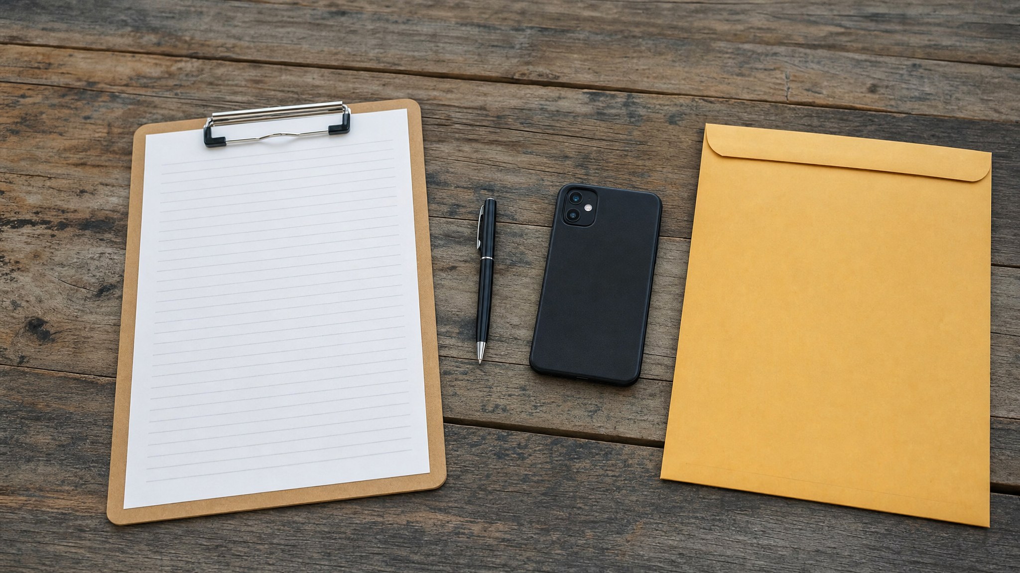 Blank field-notes sheet, phone, pen, and document envelope on a clipboard