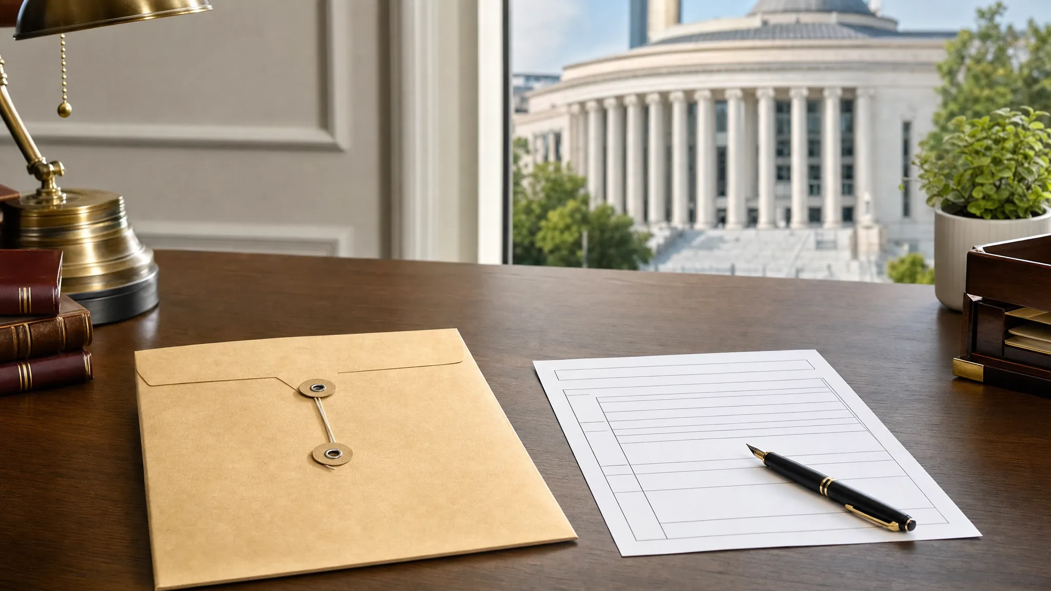 Legal service packet and blank form on a desk