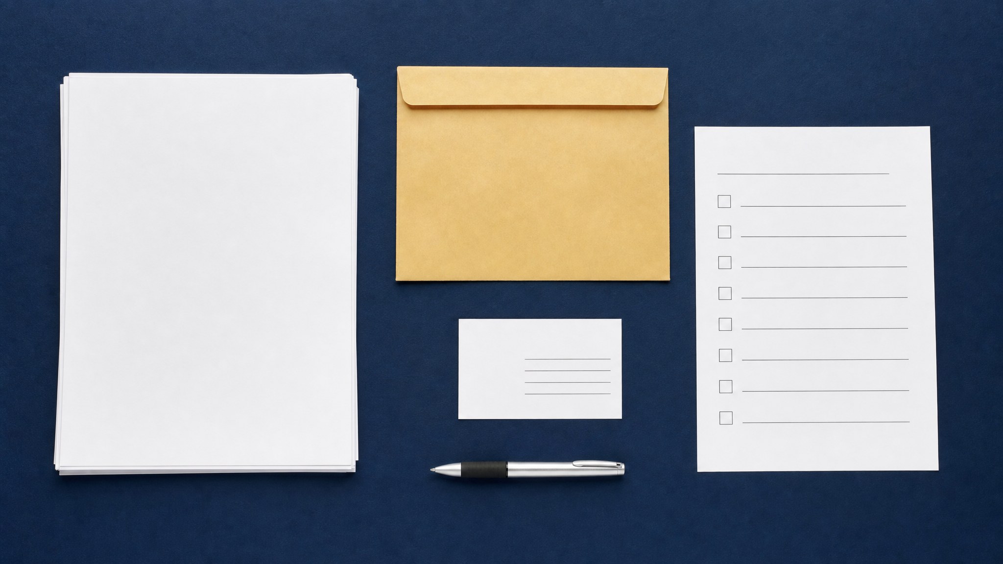 Blank document packet, envelope, and checklist arranged on a navy desk