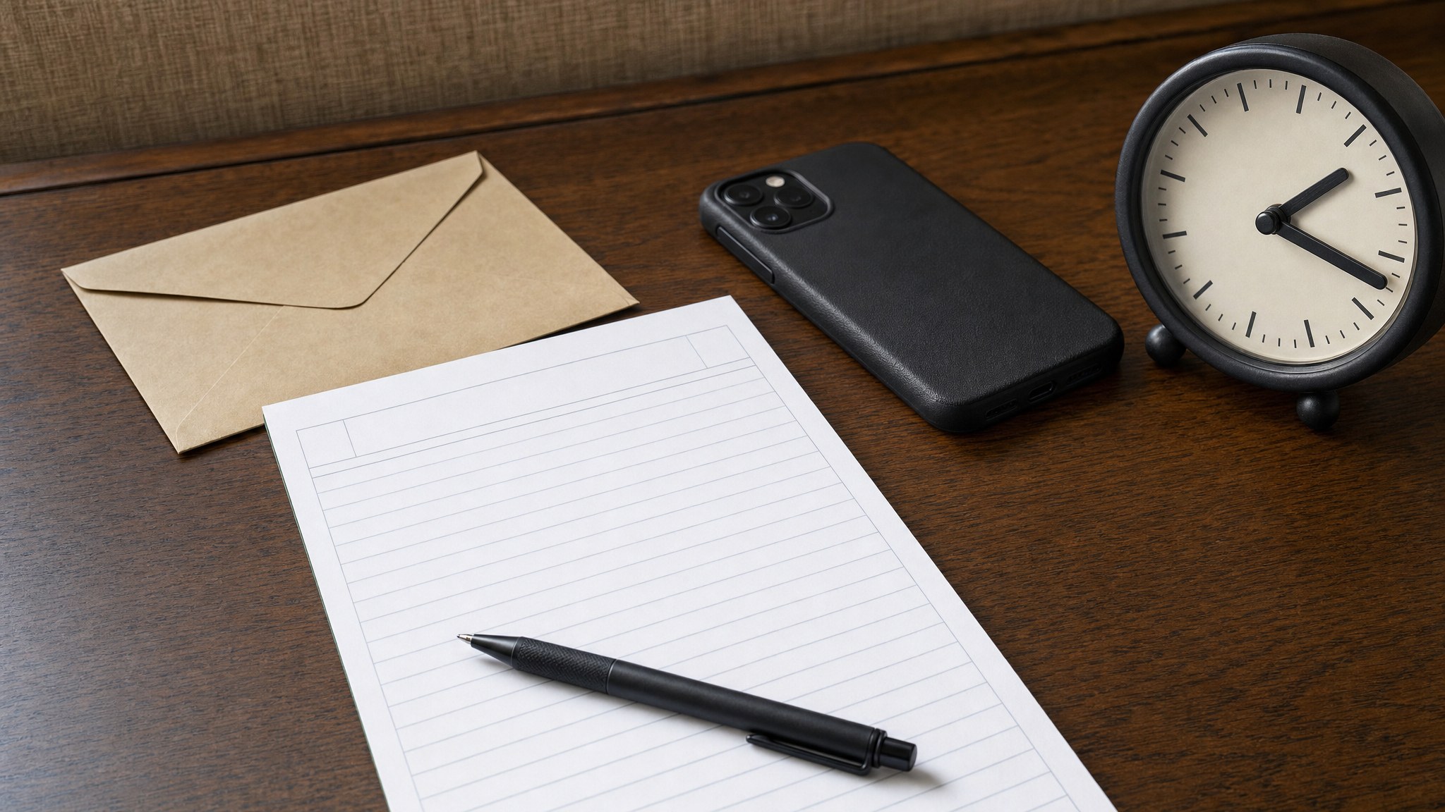 Blank field-notes sheet, envelope, phone, and clock on a desk