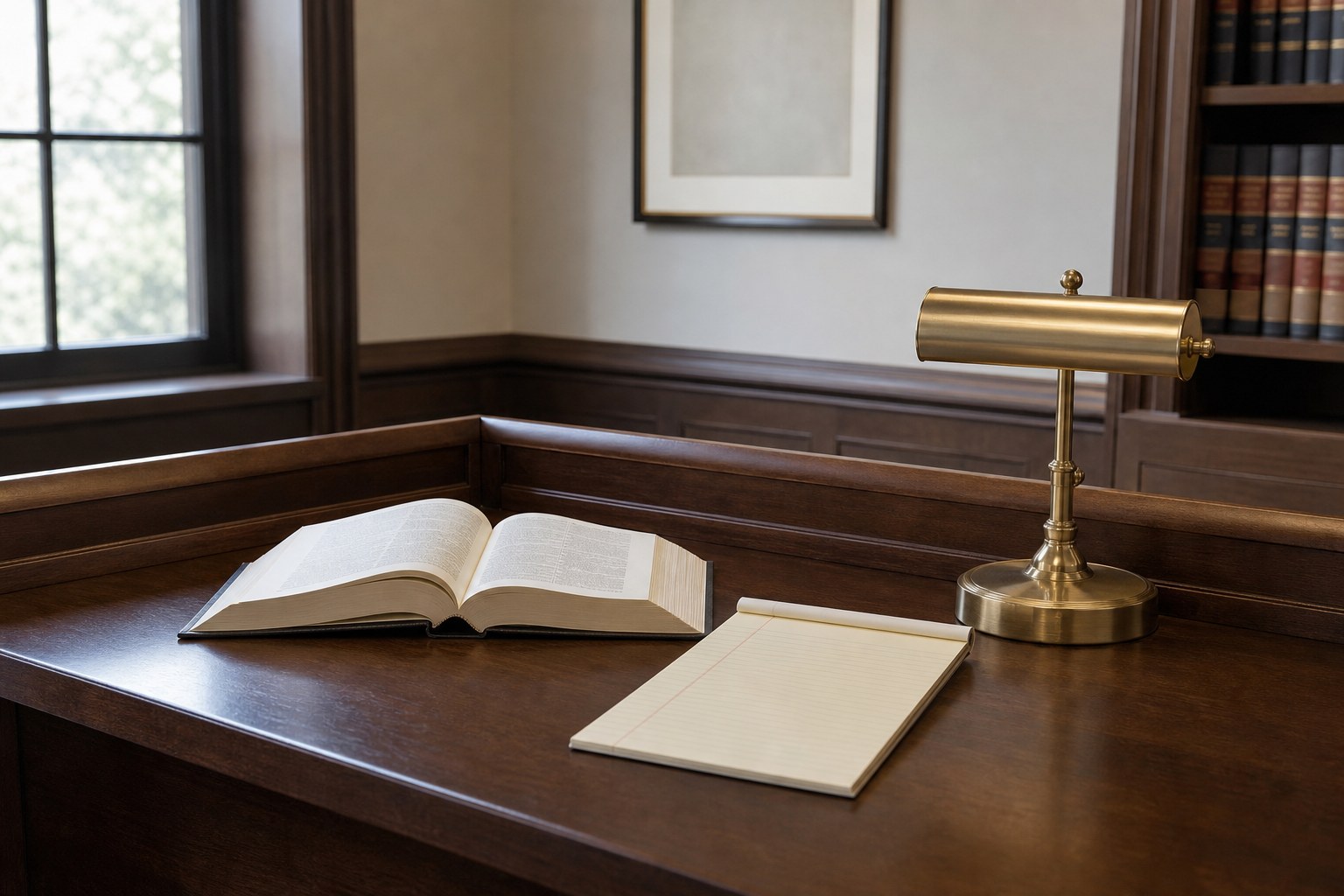 Open legal reference book on a courthouse desk