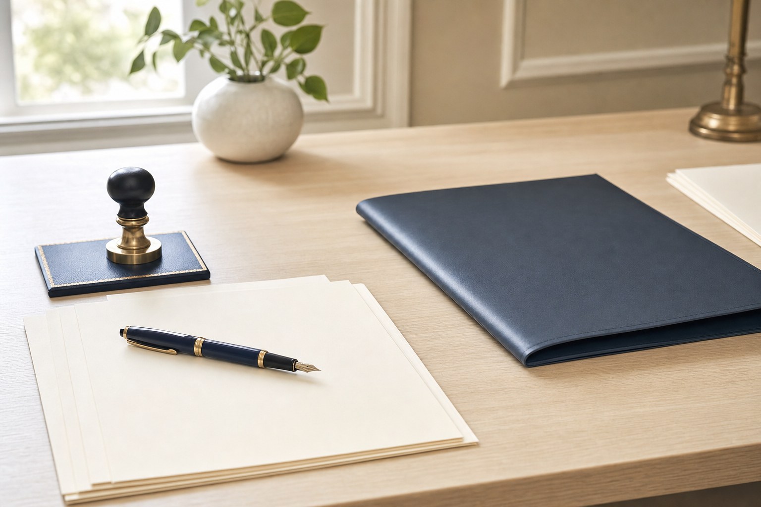 Document portfolio, pen, and notary stamp prepared for a signing appointment