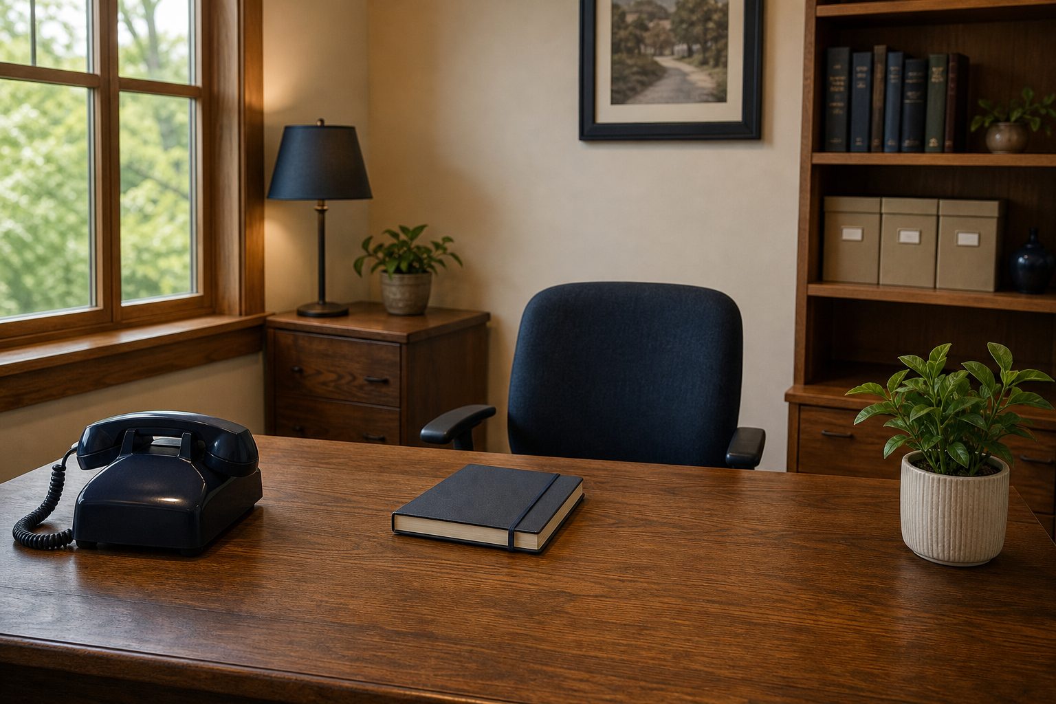 Illustrative welcoming office desk with a telephone and notebook