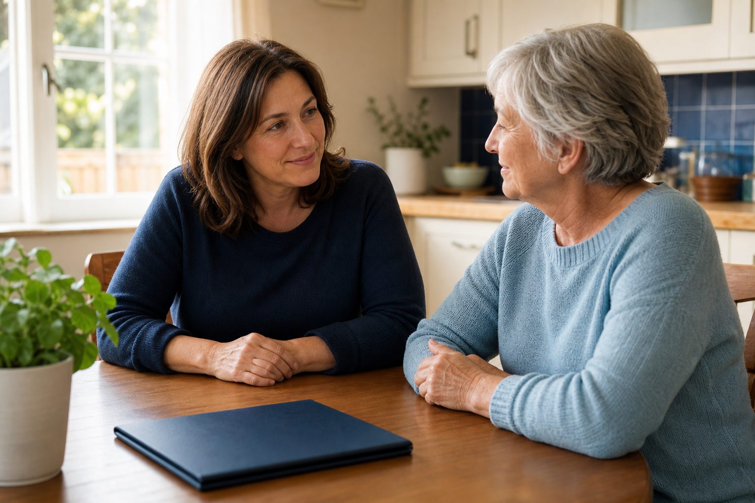 Illustrative scene of two adults having a supportive conversation at home