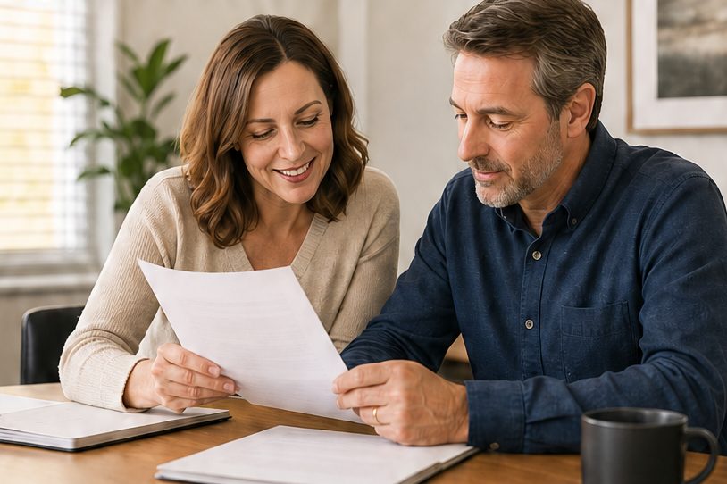 Illustrative scene of two adults reviewing documents together