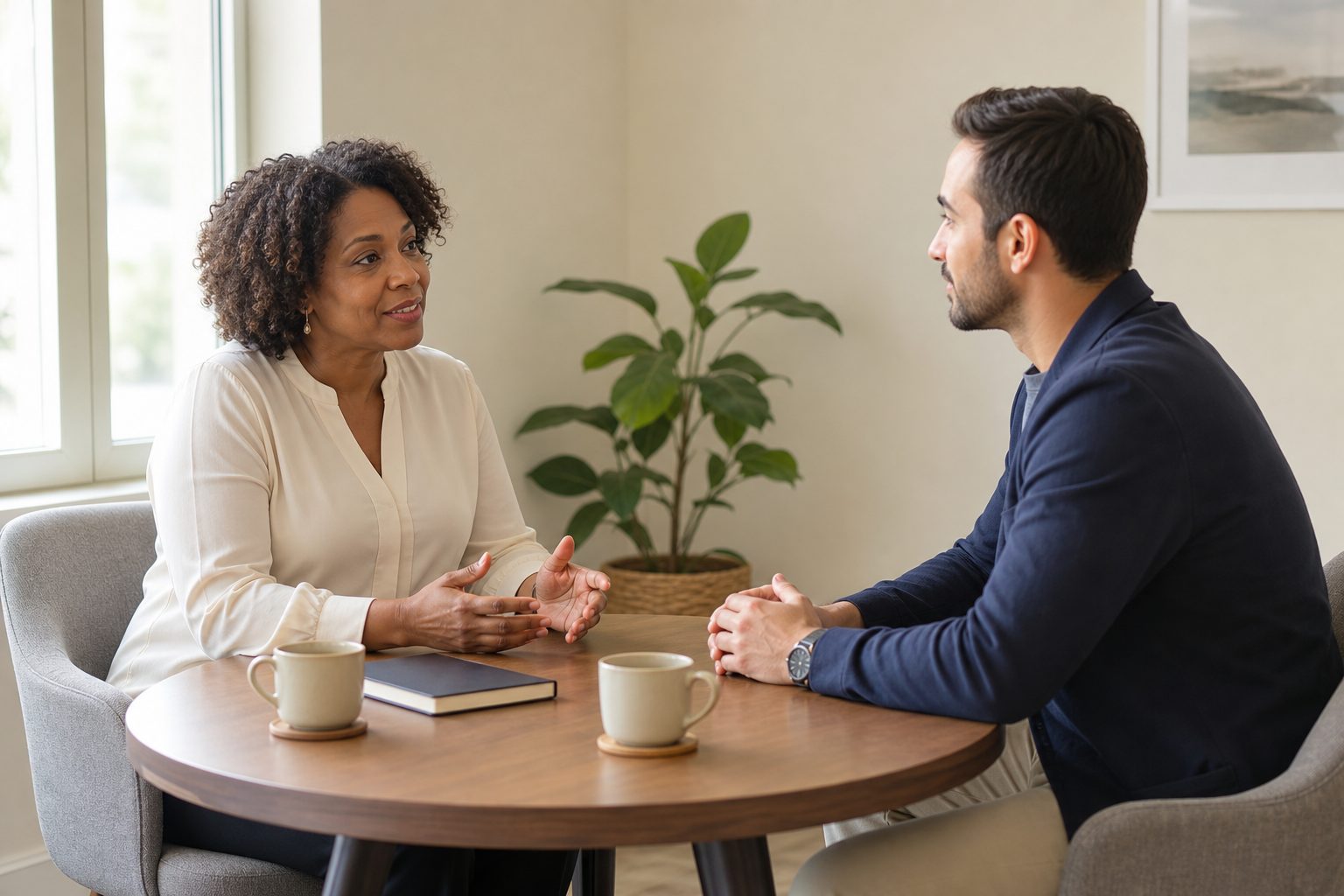 Illustrative scene of two adults having a friendly professional consultation
