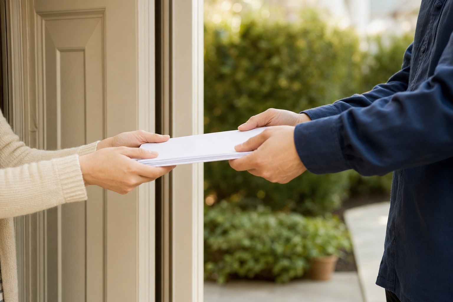 Illustrative scene of documents being handed over at a residential doorway