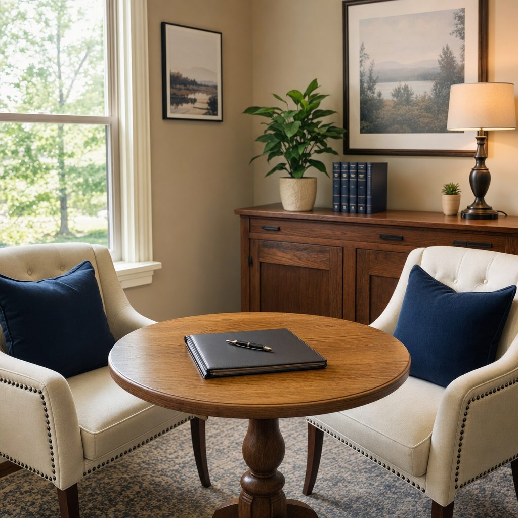 Illustrative welcoming office setting with comfortable chairs, natural light, and organized documents