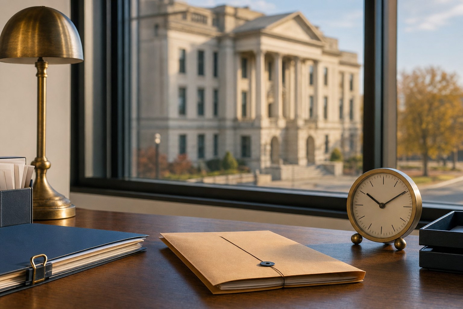 Organized legal support workspace overlooking a courthouse