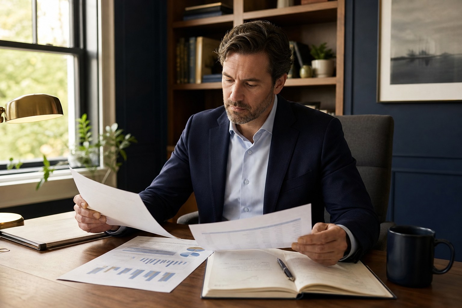 A business owner reviewing financial reports at a desk