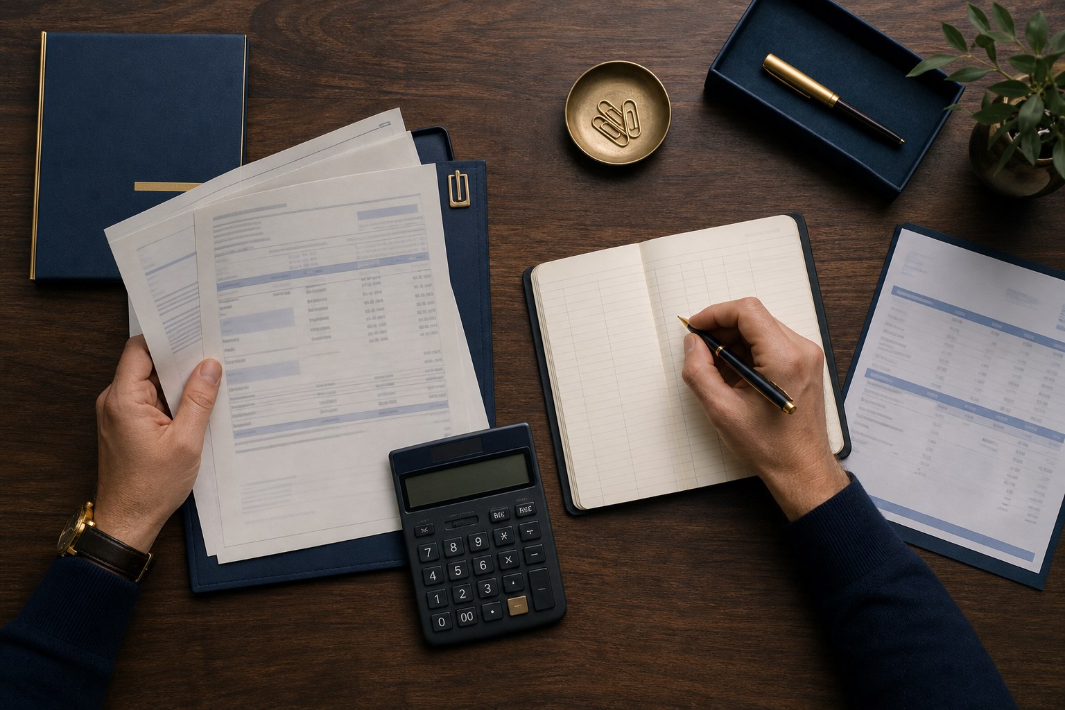 An owner organizing business financial records, statements, and a notebook