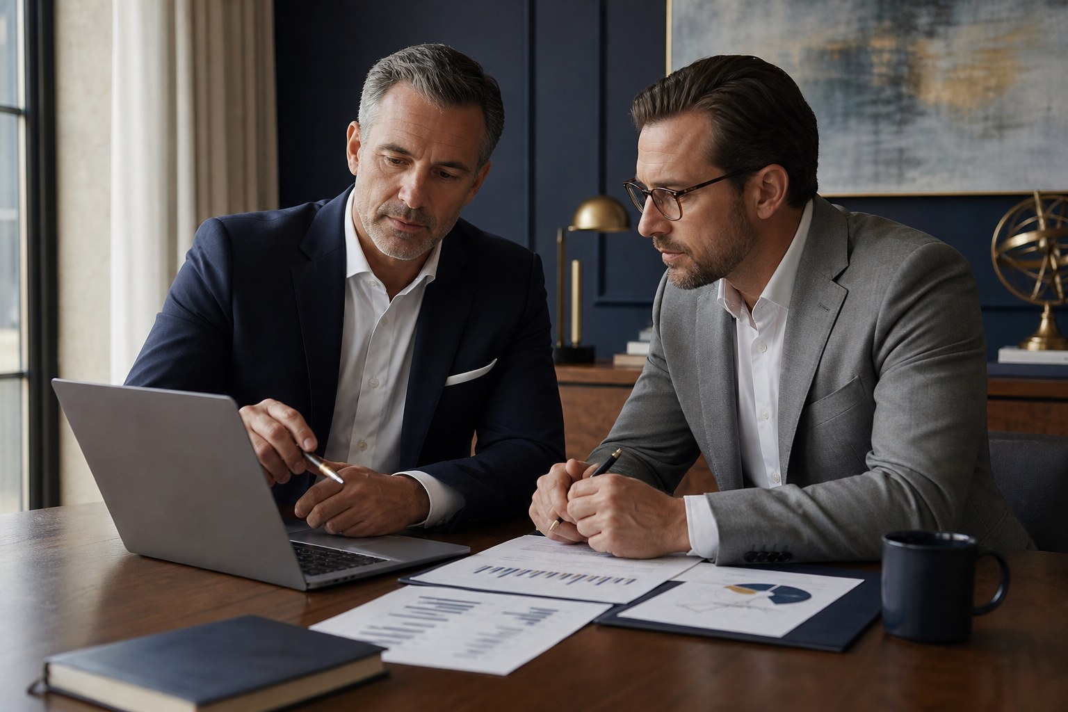 Two business owners reviewing financial information together