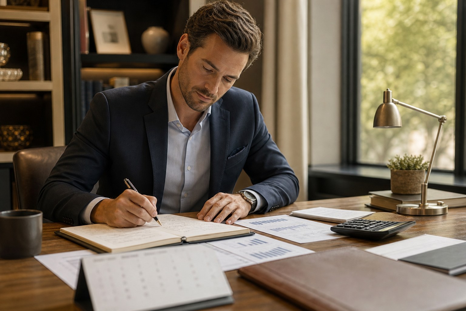 A business owner preparing a cash-flow forecast at a desk