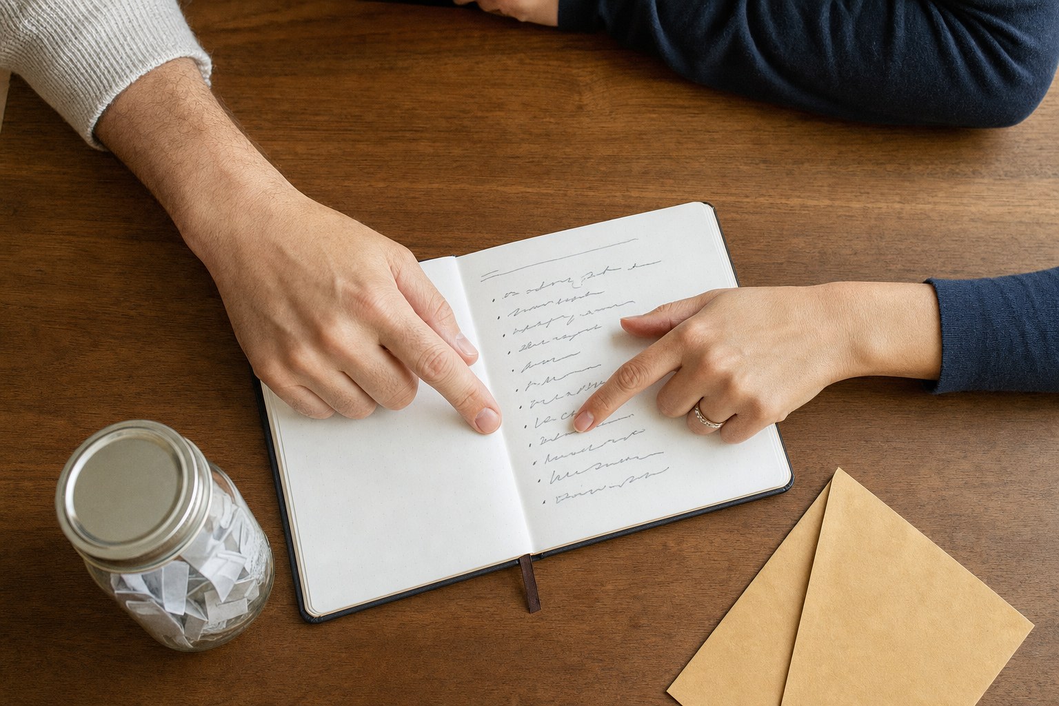 Two partners pointing to a shared household priorities list in a notebook