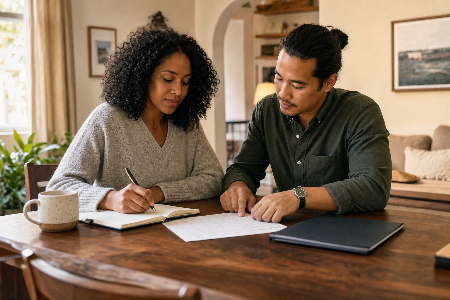 A couple working together on a household financial plan at a dining table