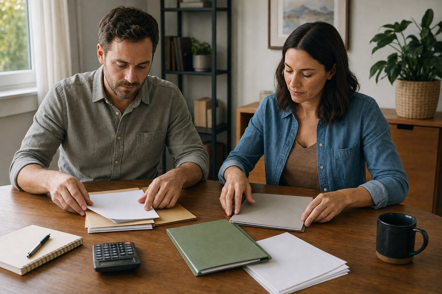 A couple arranging household planning folders, notebook, and calculator together