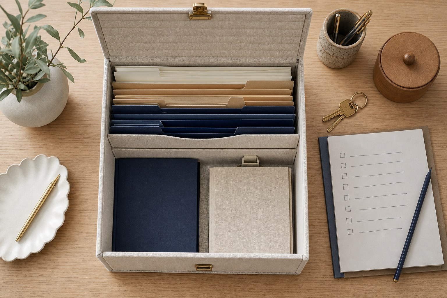A secure household document organizer with folders, keys, notebook, and checklist