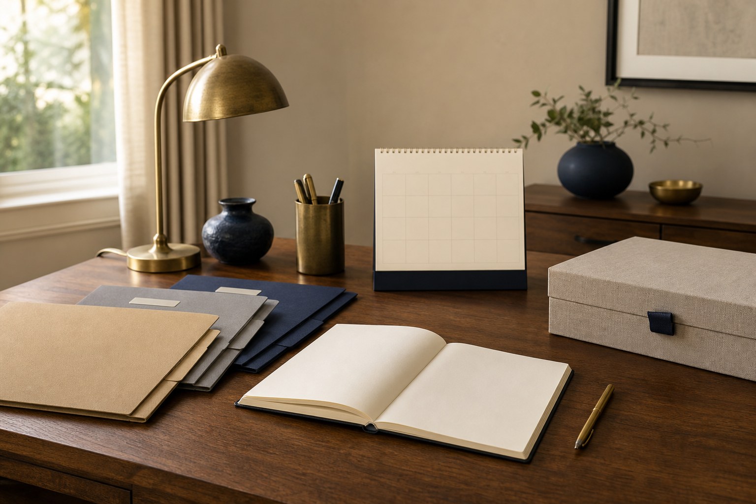 A household financial planning desk with folders, notebook, calendar, and document box