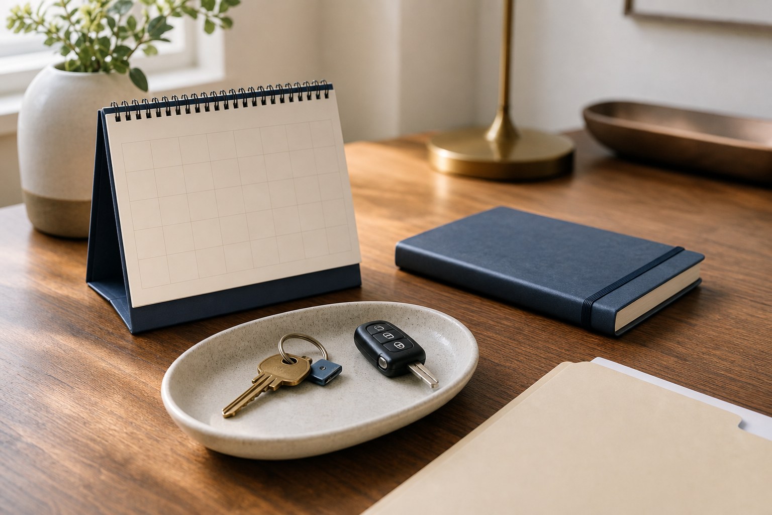 A calendar, notebook, household keys, and planning folder arranged for an annual review