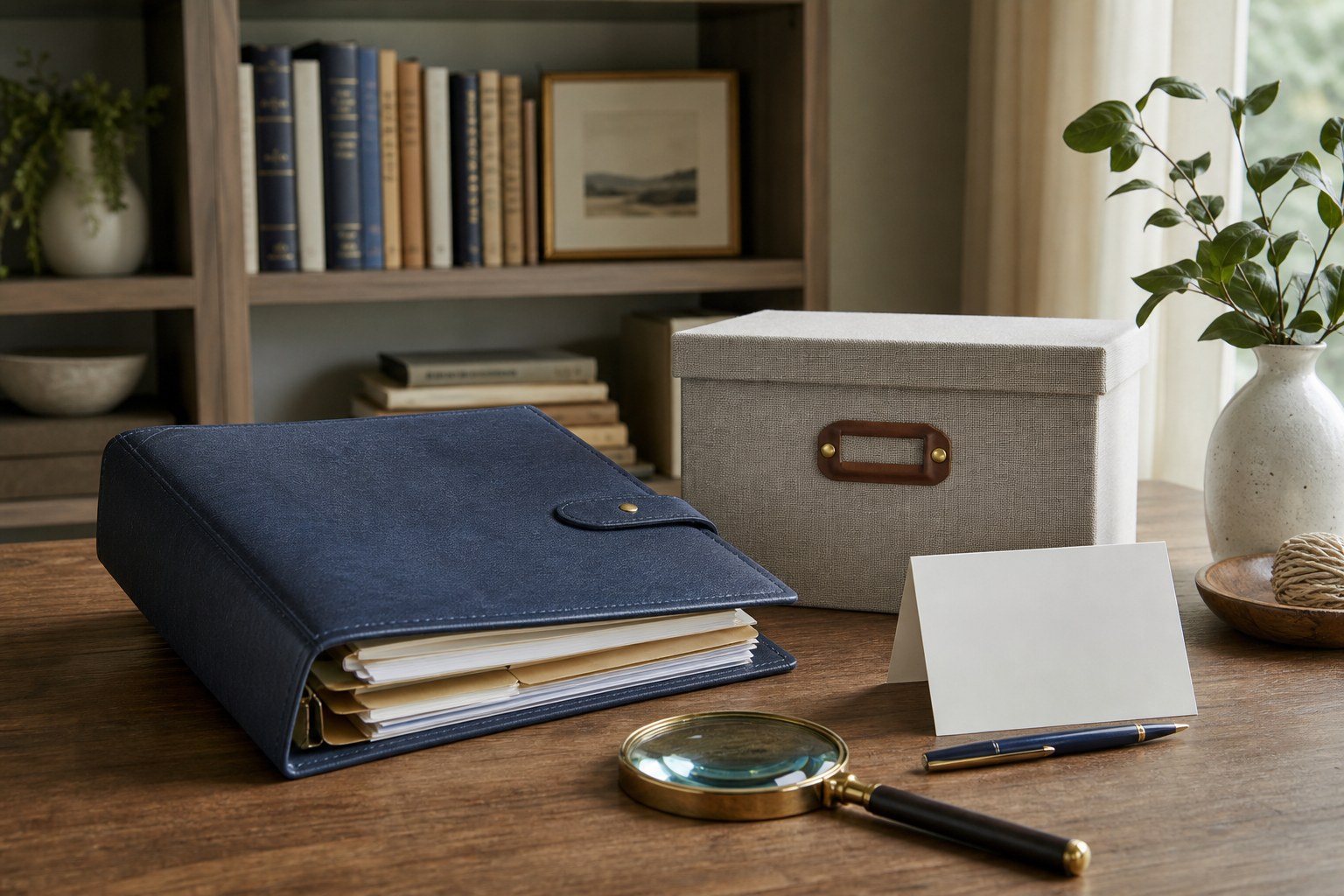 A household planning binder, document box, and magnifying glass on a study desk