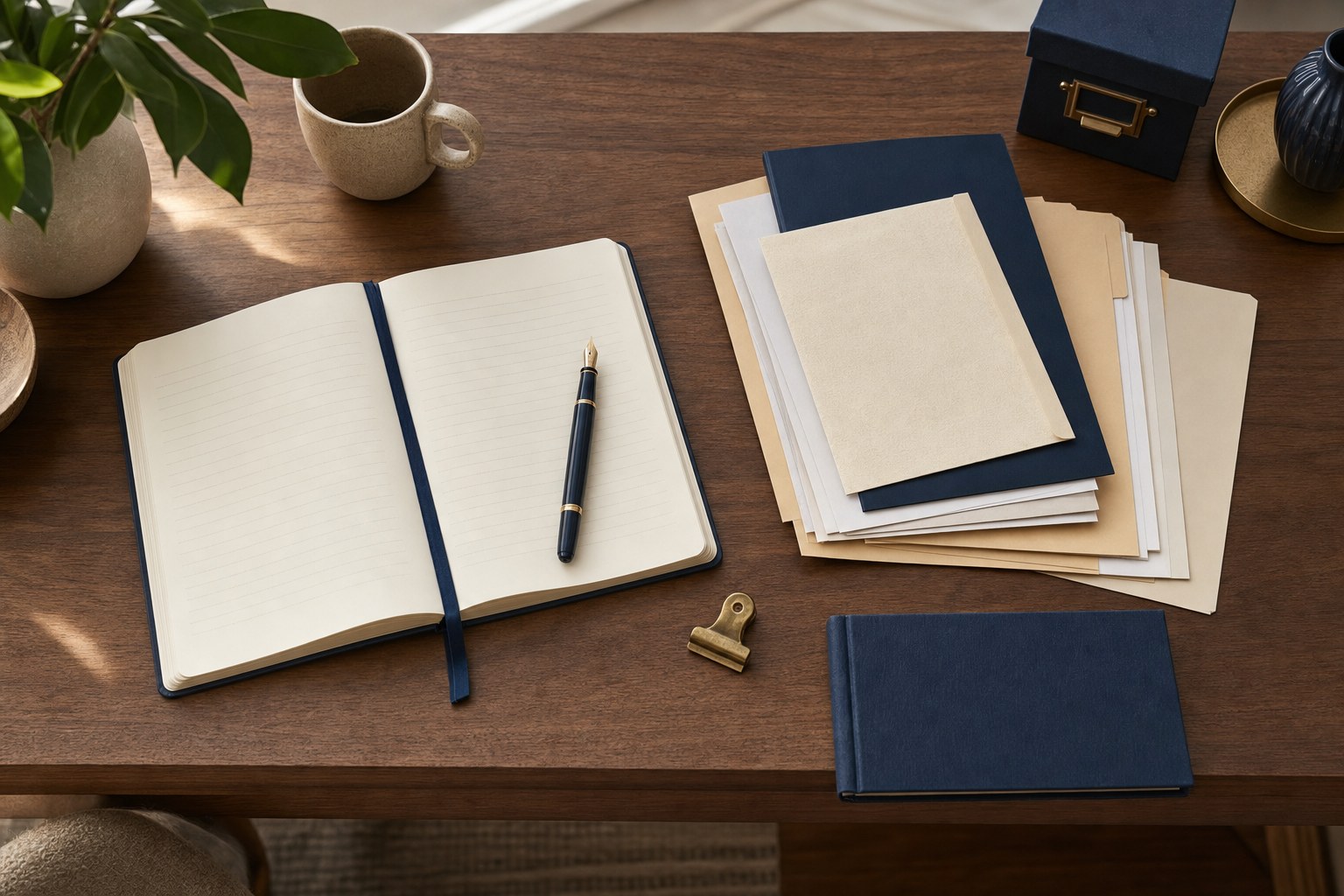 A notebook, folders, and pen arranged for a household financial planning session