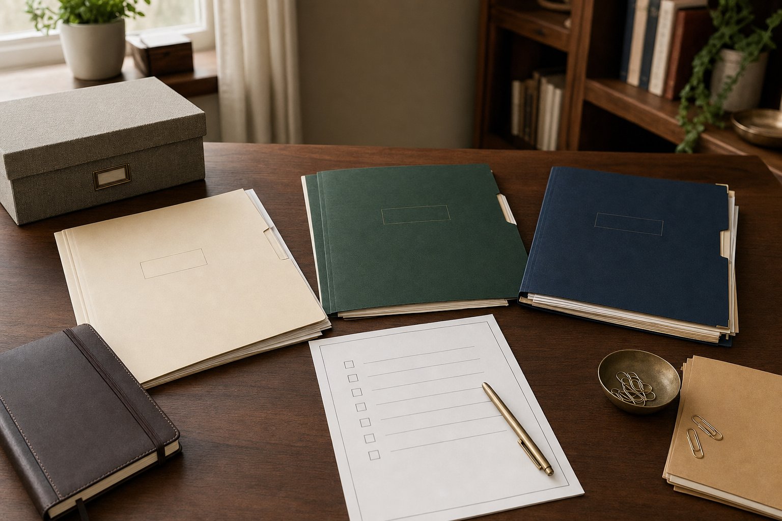 Organized household financial folders, a checklist, notebook, and document box on a walnut desk