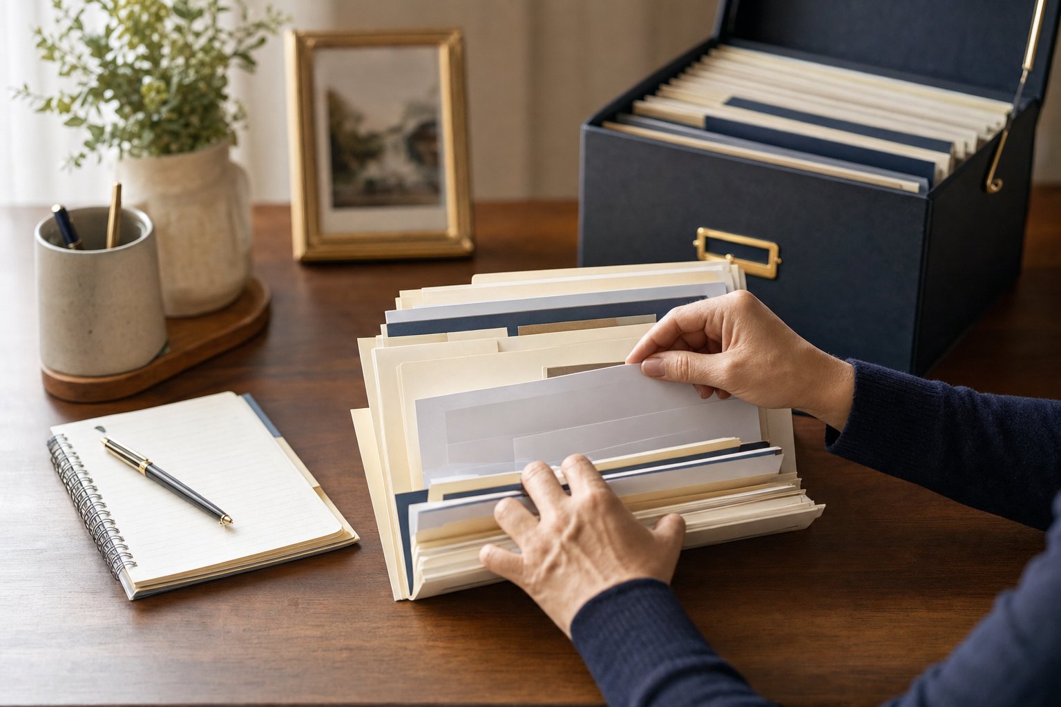 Hands sorting household financial records beside a secure document organizer