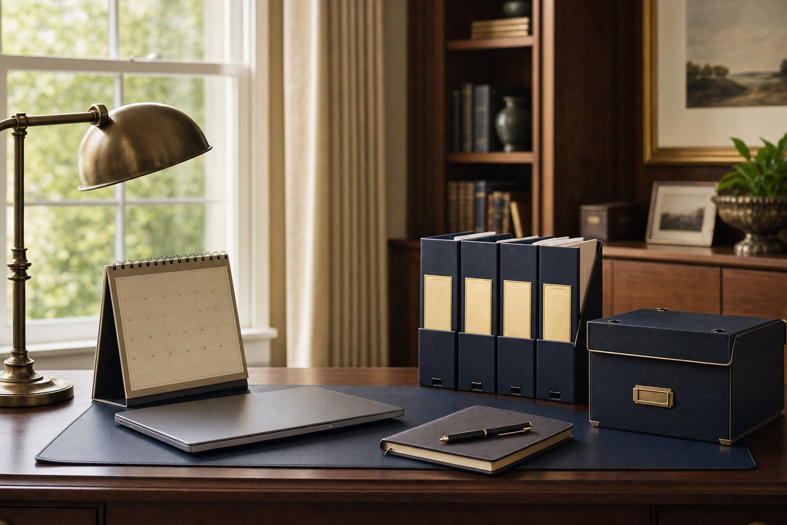 A household financial review setup with folders, calendar, notebook, and document box