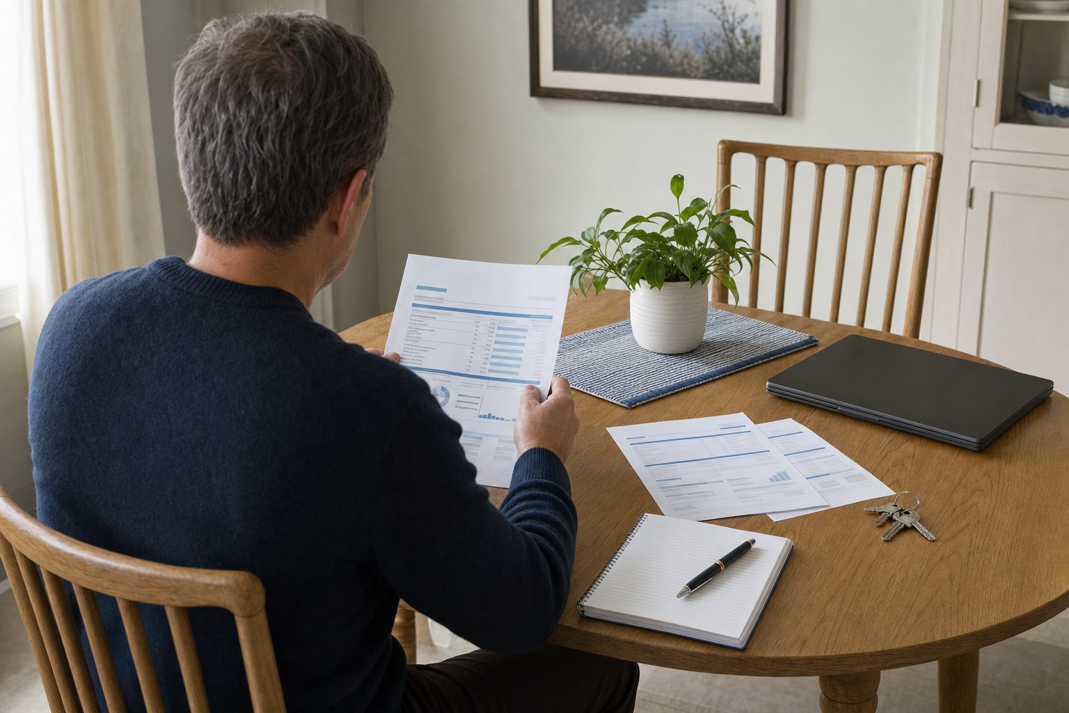 A homeowner reviewing an asset inventory at a dining table