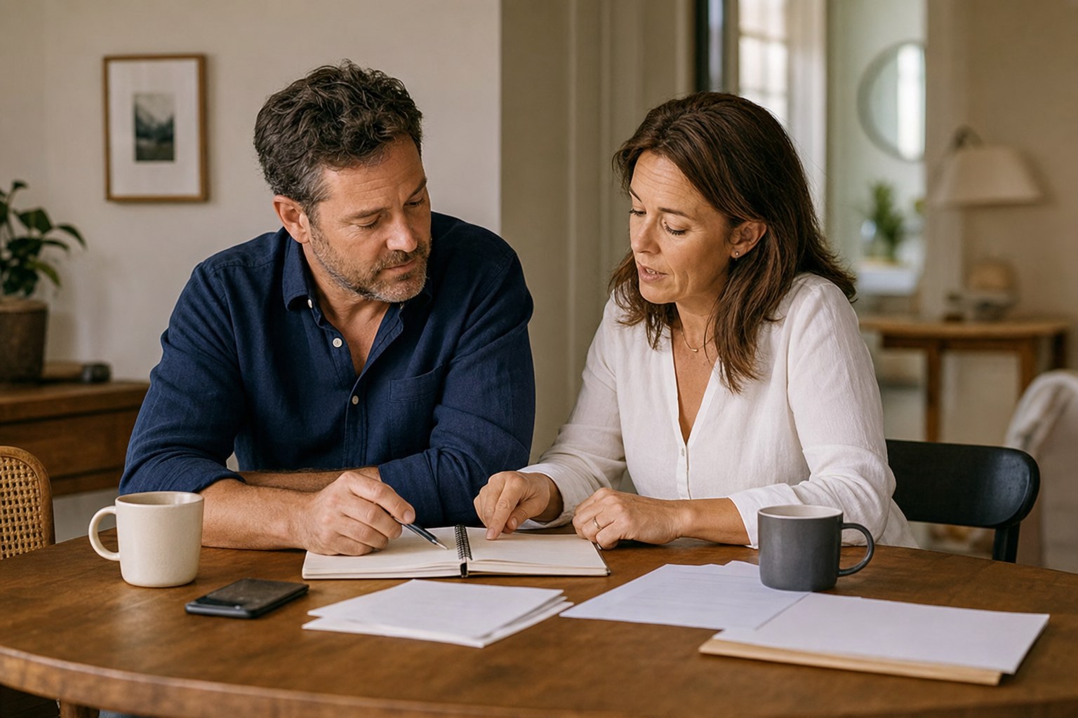 Two adults having a household financial planning conversation at home
