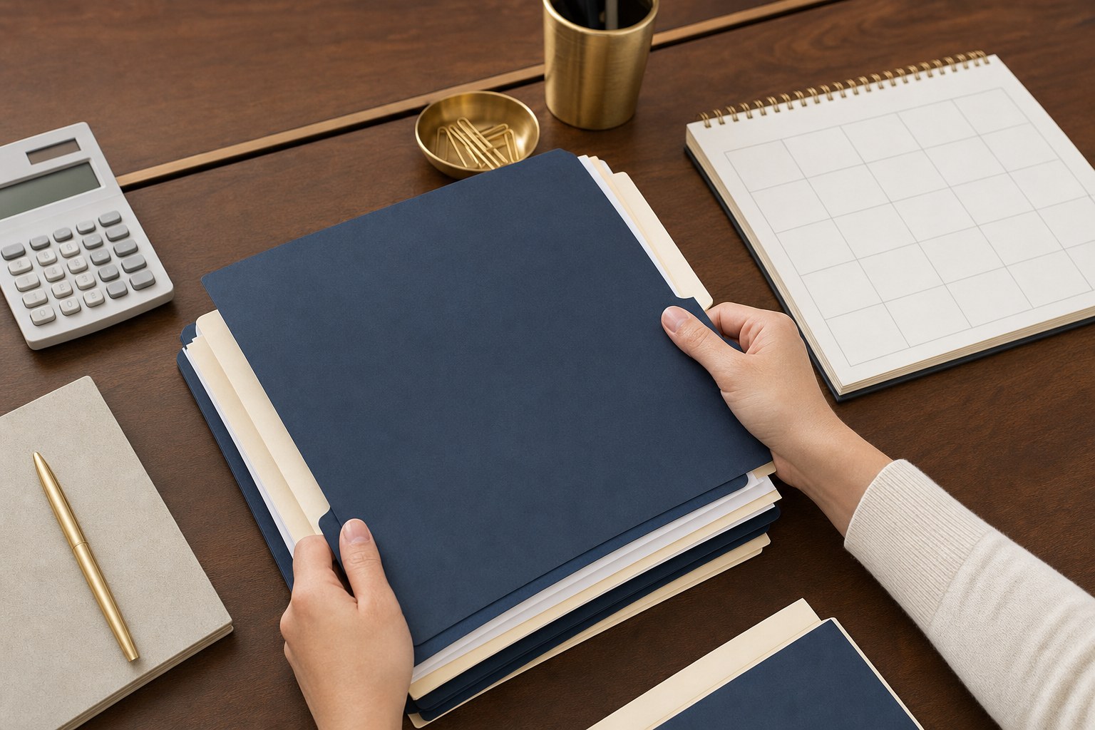 Hands organizing household folders beside a calculator and calendar
