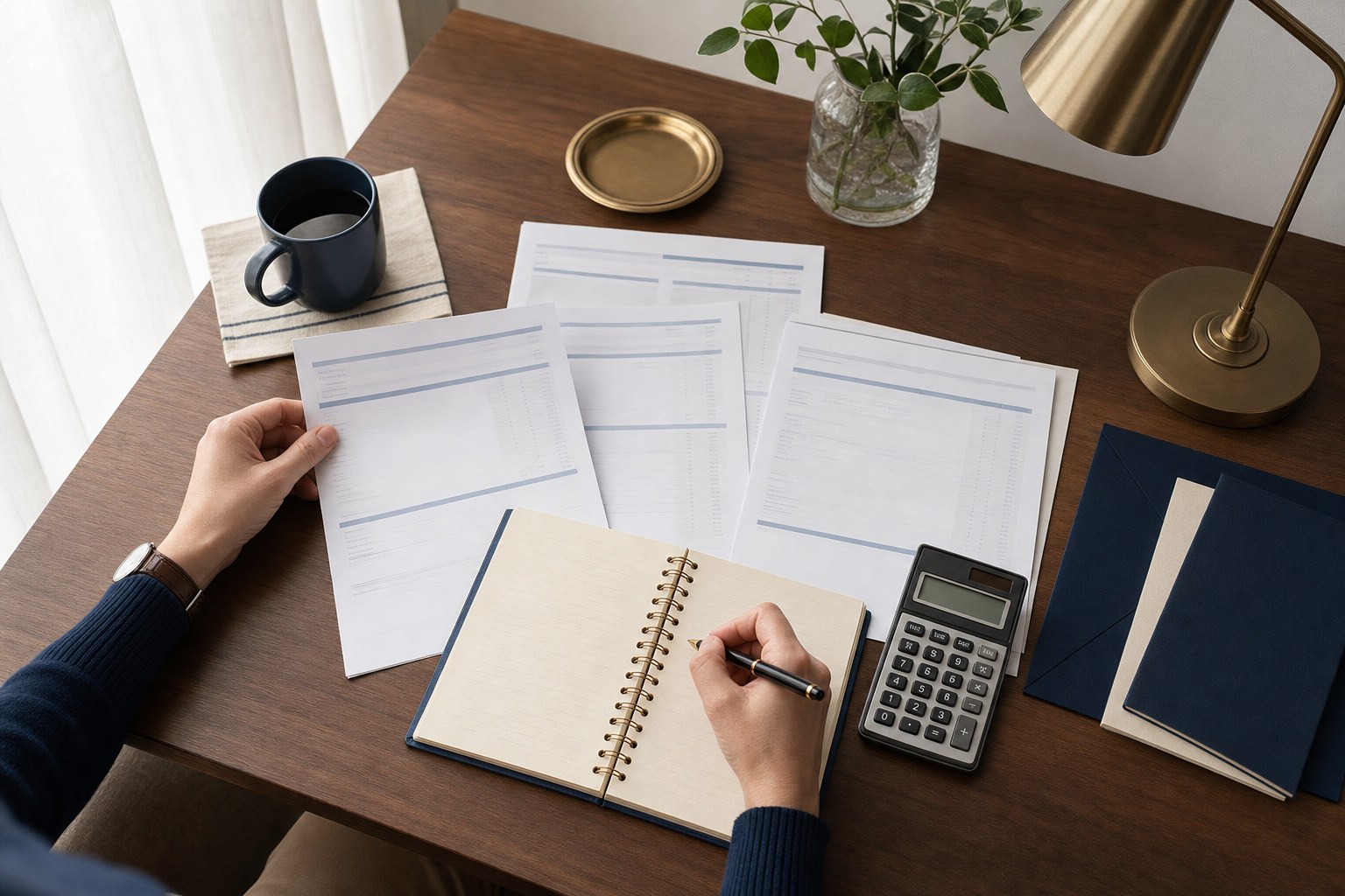 Hands organizing household financial papers, a notebook, and a calculator on a walnut desk
