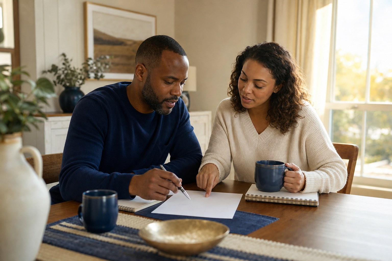 Two adults discussing household priorities at a dining table