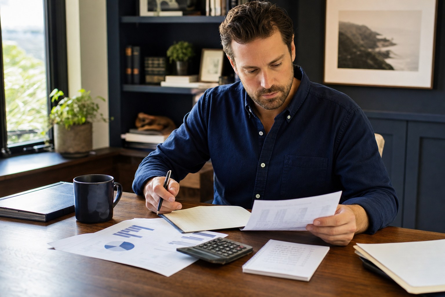 A business owner reviewing a cash-flow report and checklist at a desk