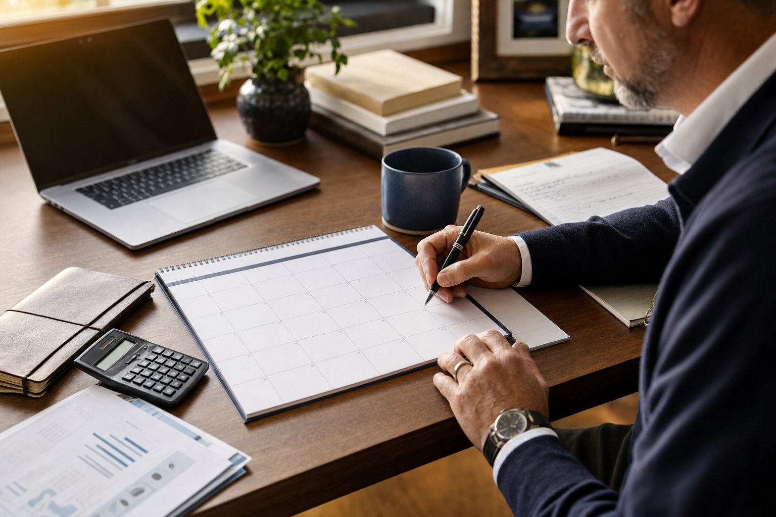 A business owner planning the next review date beside financial notes and a calculator