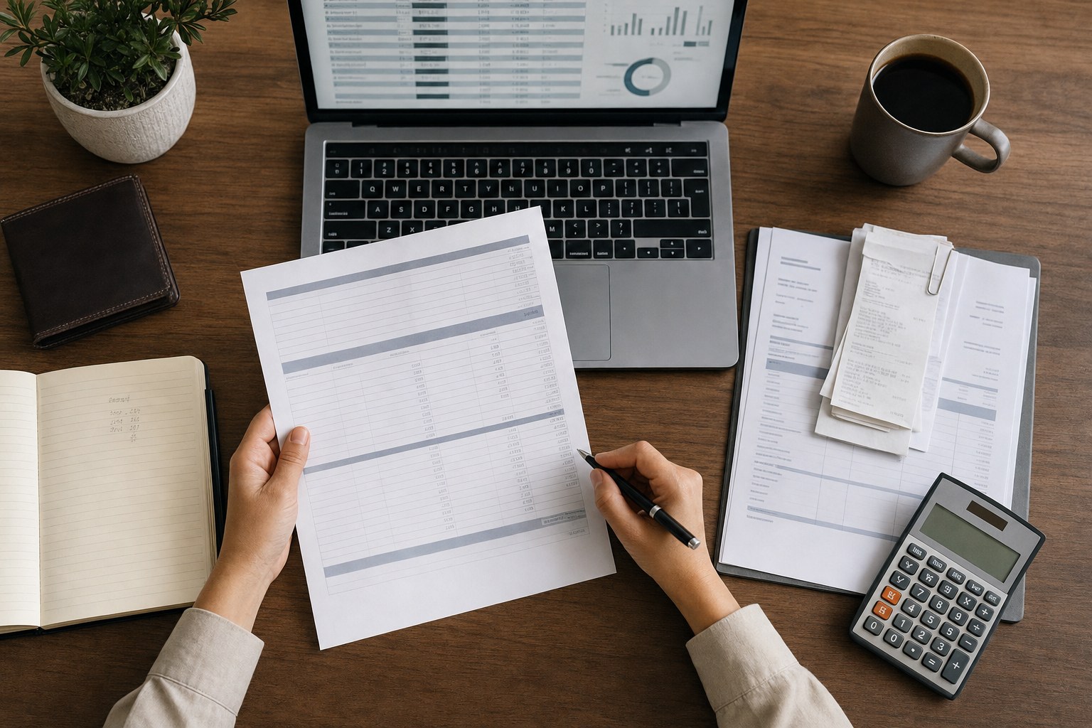 Business records, receipts, a financial report, and a calculator arranged for review