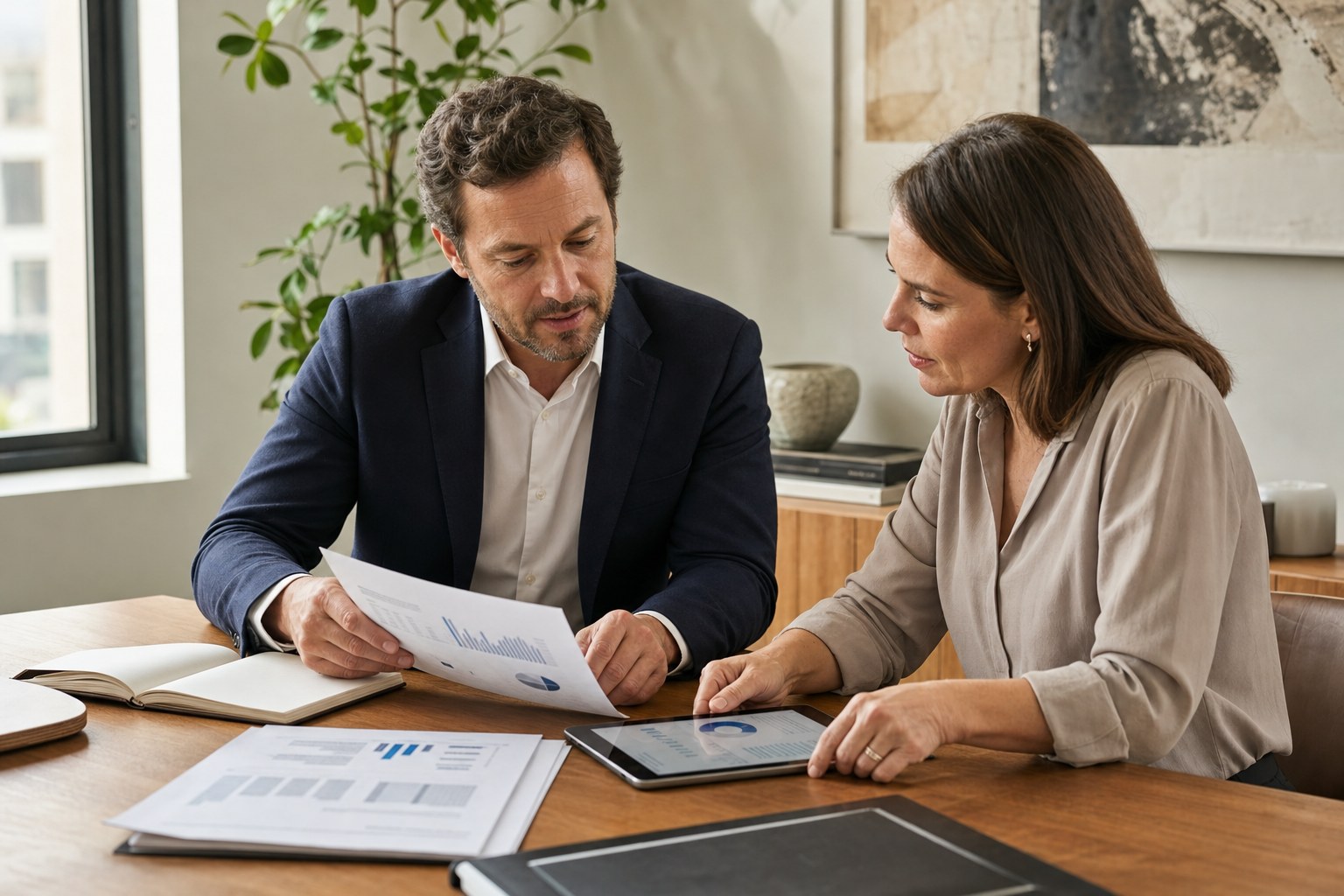 Two business owners reviewing financial information together at a table