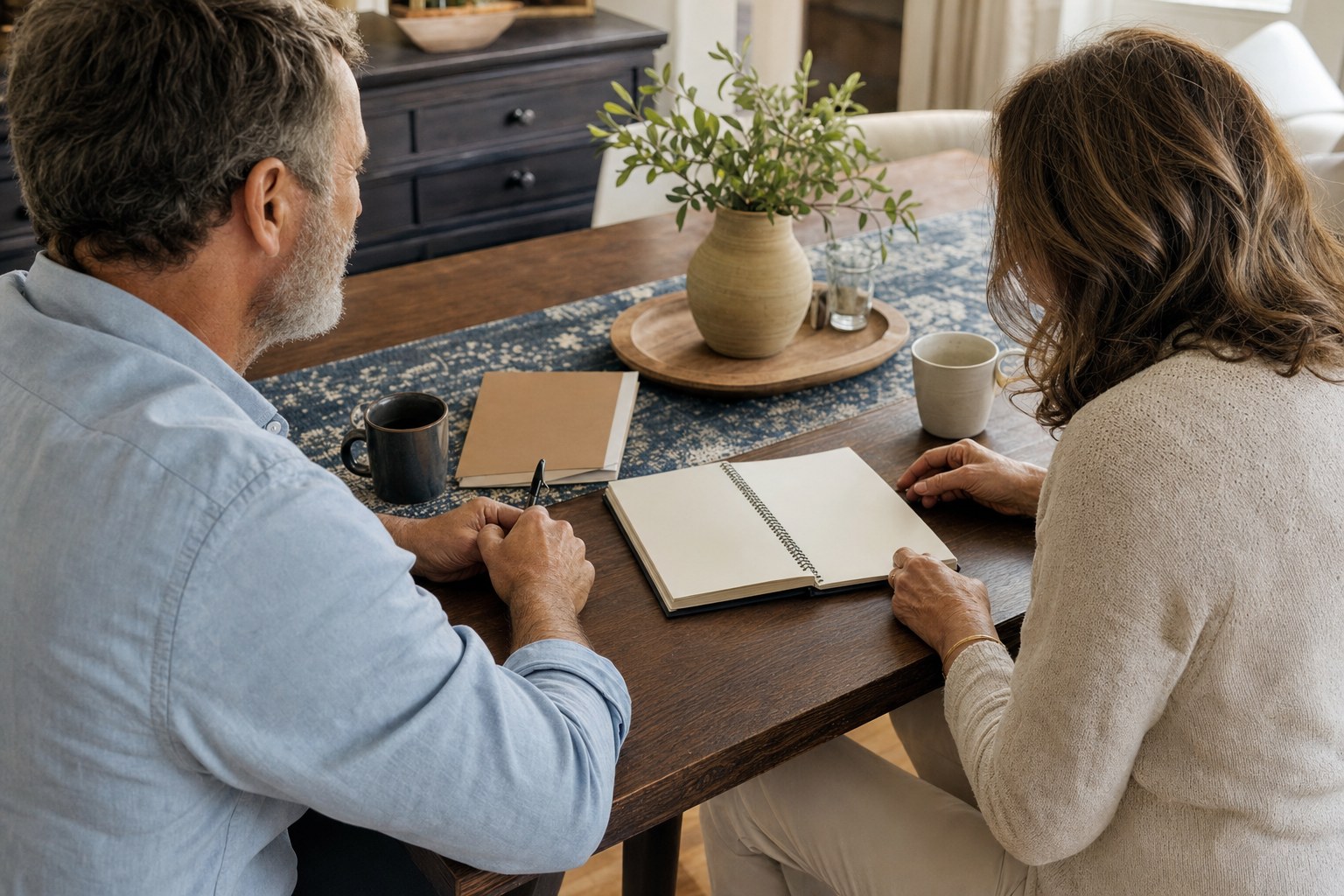 Two adults reviewing a household planning notebook together at a dining table