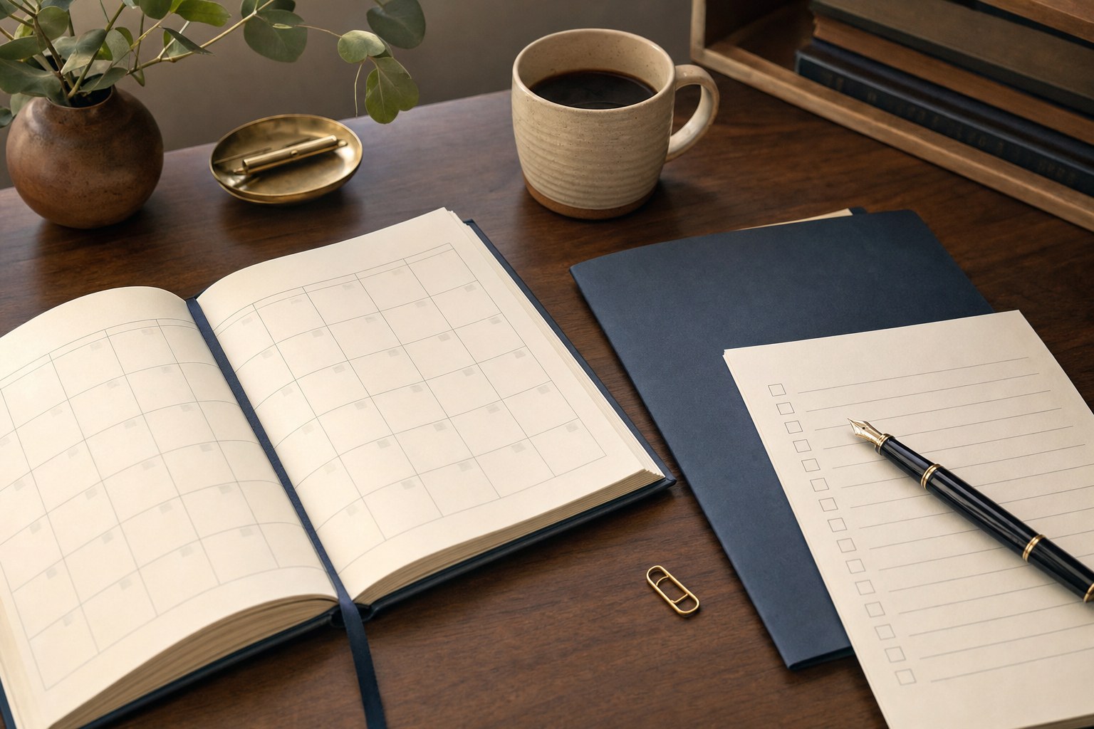 A calendar, checklist, fountain pen, and blue folder arranged for a year-end financial review