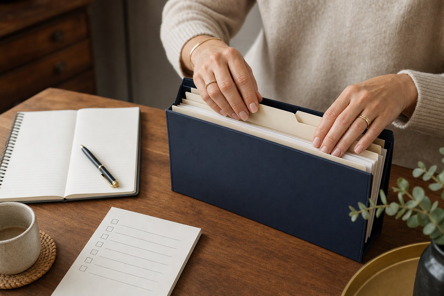 Hands organizing household financial folders beside a notebook and checklist