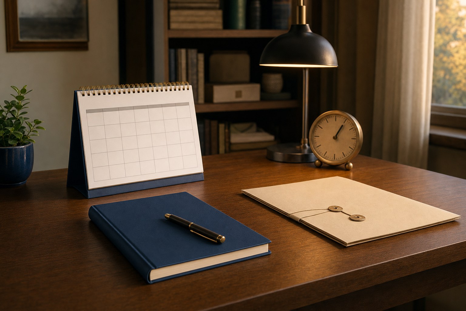A calendar, notebook, analog clock, and document envelope prepared for an annual financial review