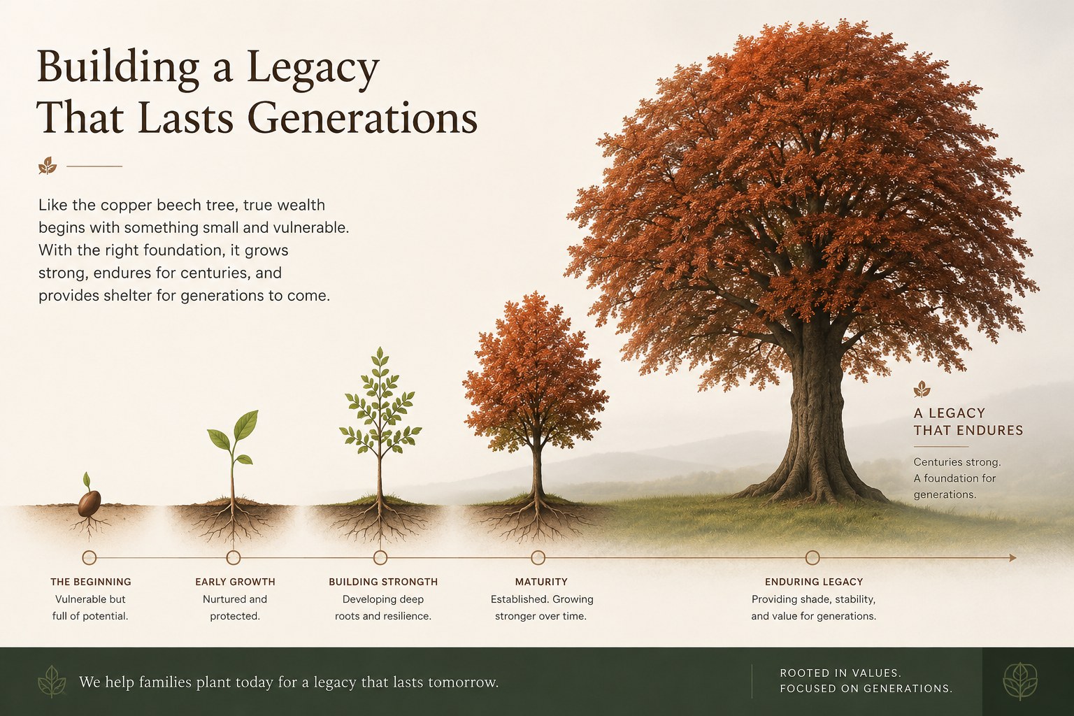 Copper beech tree illustration showing growth from seed to a mature tree, representing enduring family legacy