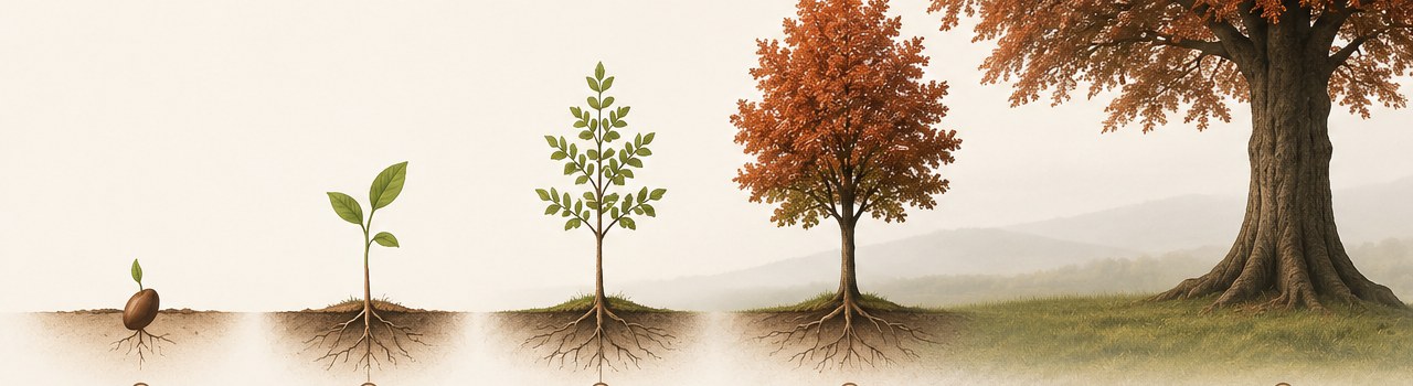 Copper beech tree growth progression from seed through maturity