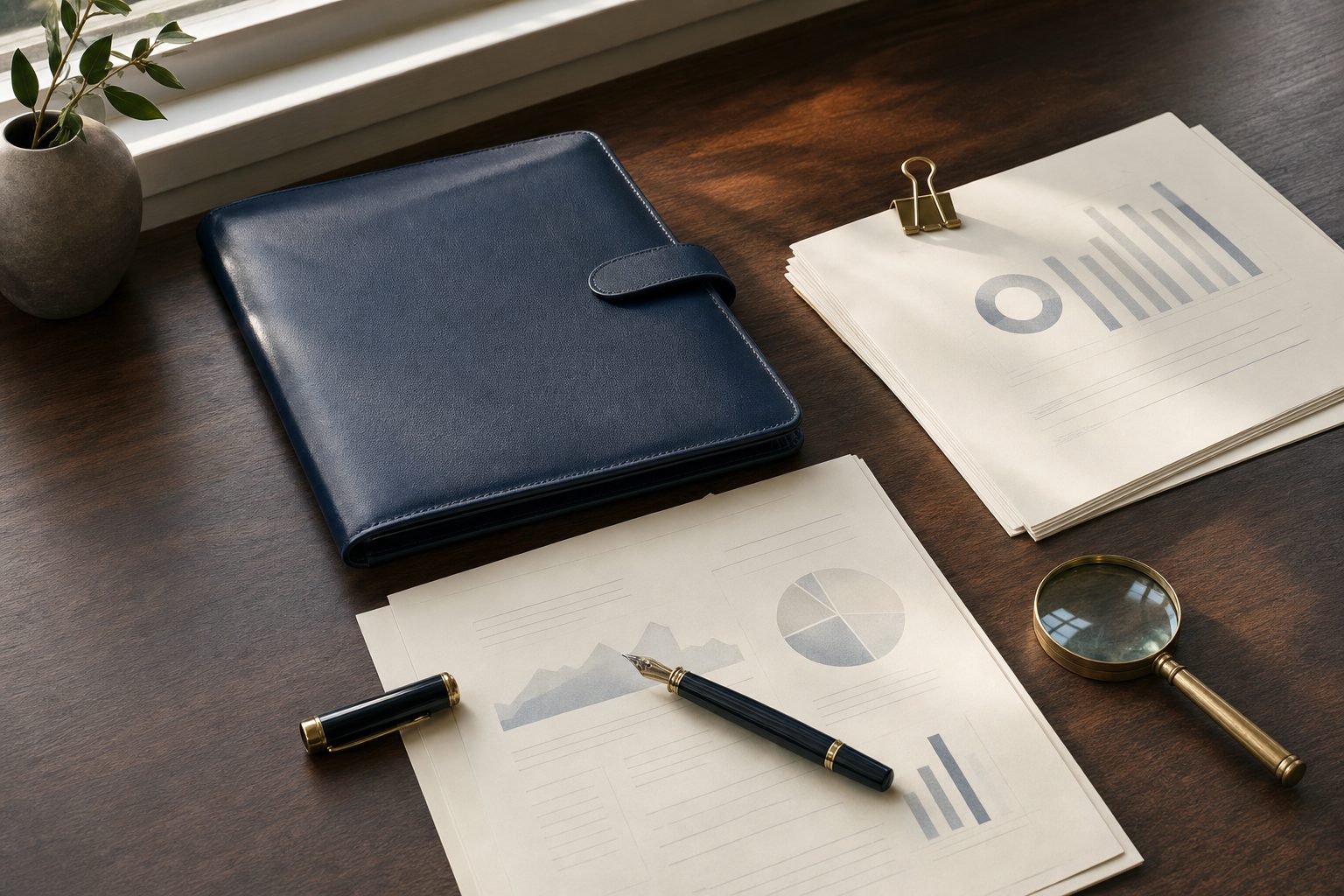 Business acquisition review materials arranged on a desk