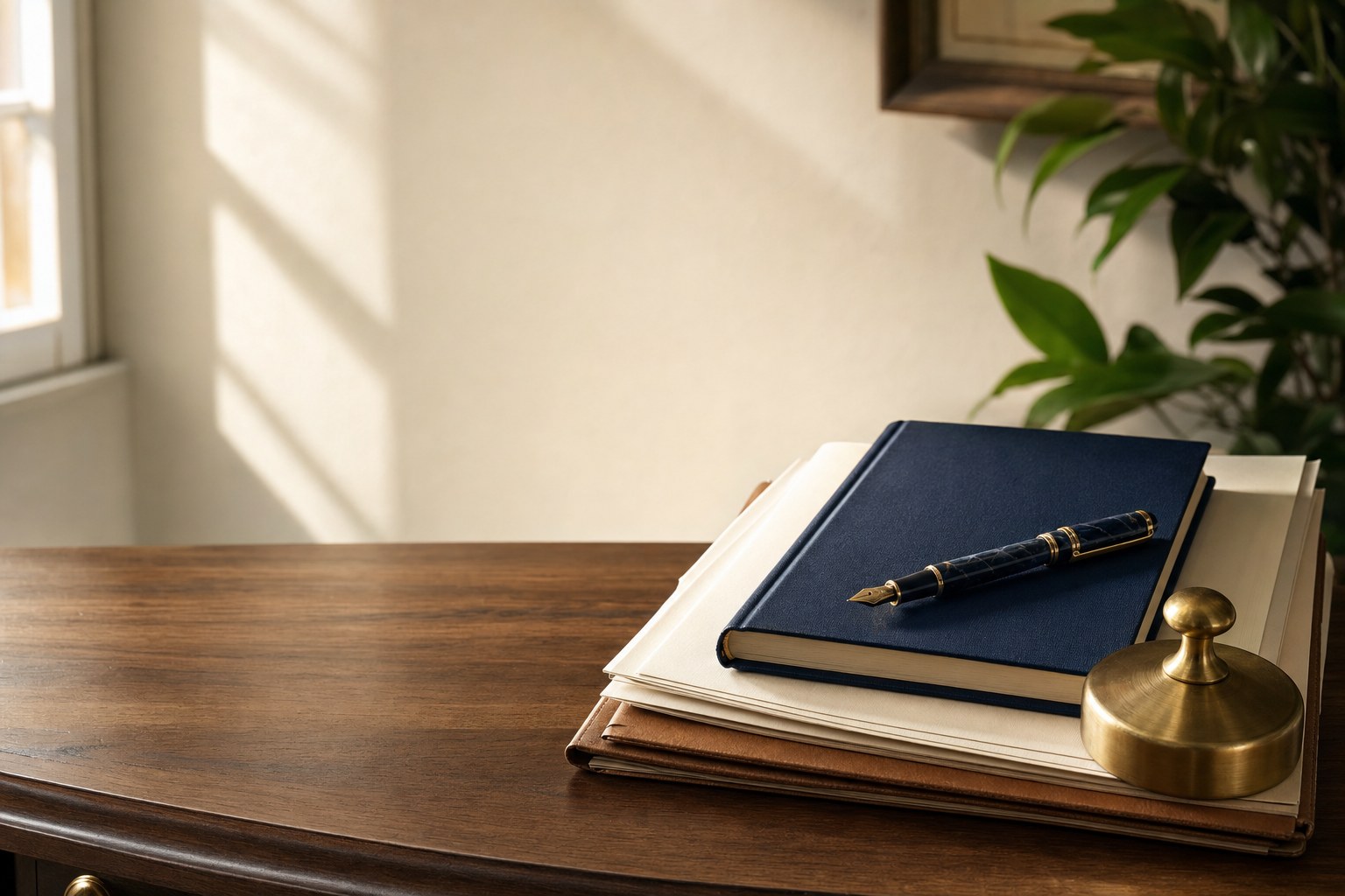 A navy notebook and planning materials on a walnut desk
