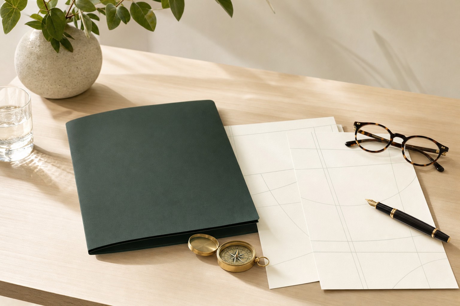 Planning documents and tools on a desk
