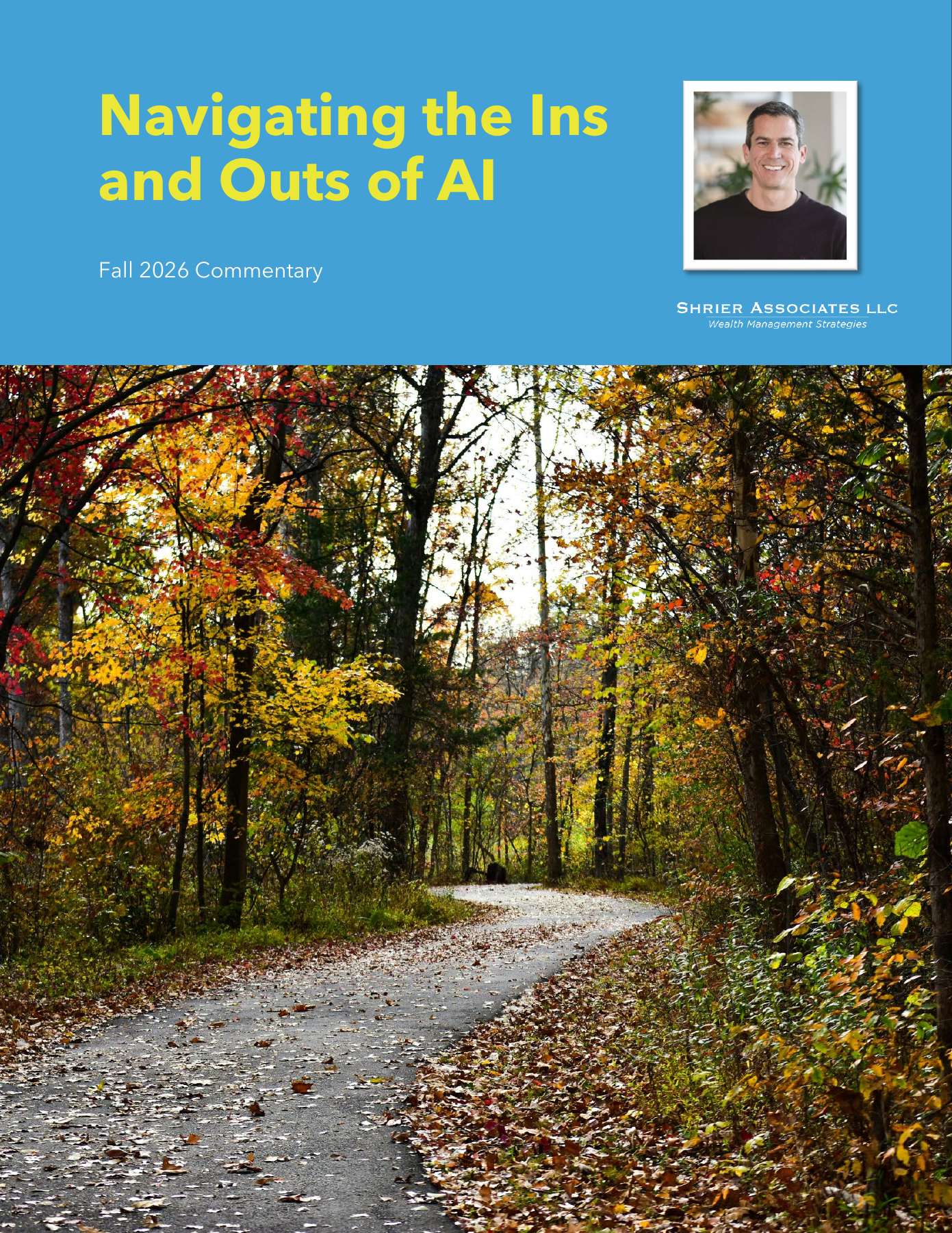 Navigating the Ins and Outs of AI, Fall 2026 Commentary, with Isaac’s portrait and an autumn woodland path