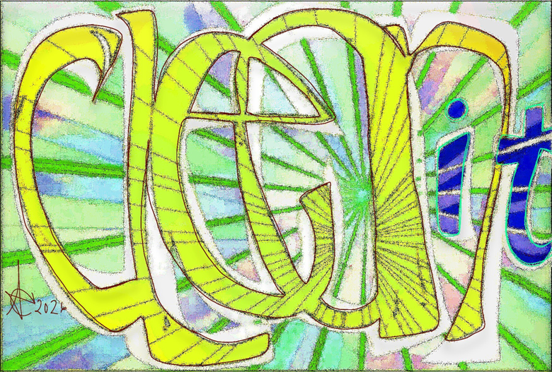 Vivid abstract artwork in blue, magenta, and gray with a circular form at its center.
