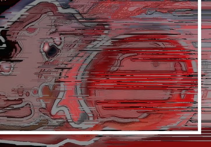 Abstract red, gray, and black digital artwork with a distorted face in profile.